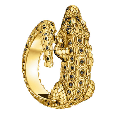 Bague Crocodile, Argent 925 Plaqué Or Jaune 750 & Pierres Noires et Vertes - TR2421-971-7 - Thomas Sabo